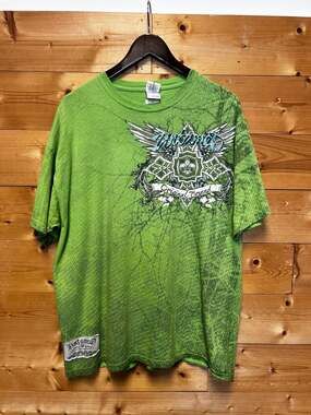 Untamed Original Brand Lime Green Cyber Y2K Graphic Cross Wings T-Shirt XL